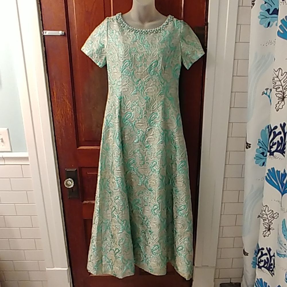 VTG 60s Quilted Brocade Aqua Beaded Formal Dress